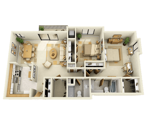 Floor plan for 2 beds, 2 baths, 1200 sqft